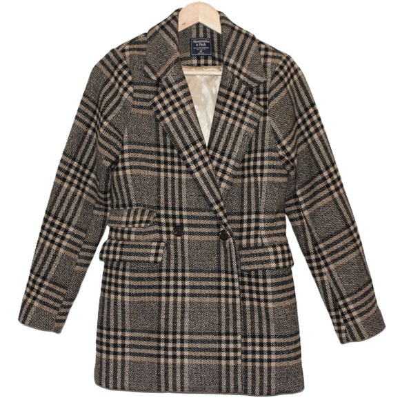 Womens Abercrombie Fitch Tan Black Plaid Wool Pockets Pea Coats